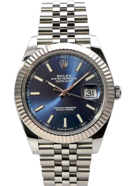 Rolex Datejust 41 Edelstahl Weißgold Ref. 126334 mit blauem Zifferblatt und Jubile Armband aus 2023.