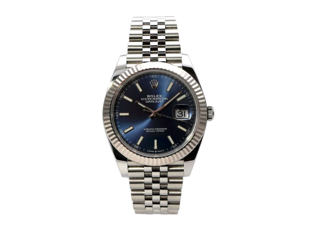 Rolex Datejust 41 Edelstahl Weißgold 126334 mit blauem Zifferblatt und Jubile-Armband