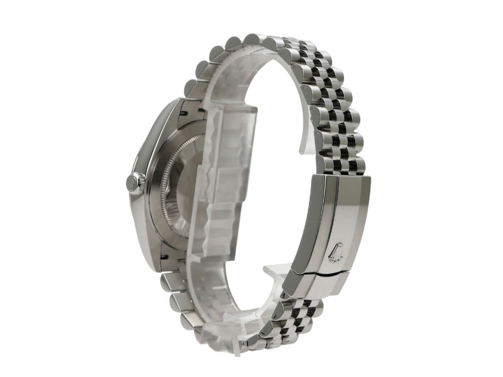 Rolex Datejust 41 Edelstahl Weißgold 126334 mit Jubile-Armband und Faltschließe, seitliche Ansicht der Uhr.