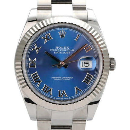 Rolex Datejust 41 Edelstahl Weißgold 126334 Blau Römisch mit blauem Zifferblatt und Oyster-Band