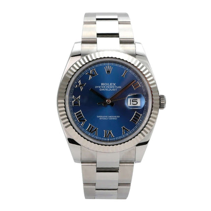 Rolex Datejust 41 Edelstahl Weißgold 126334 Blau Römisch mit blauem Zifferblatt und römischen Zahlen.