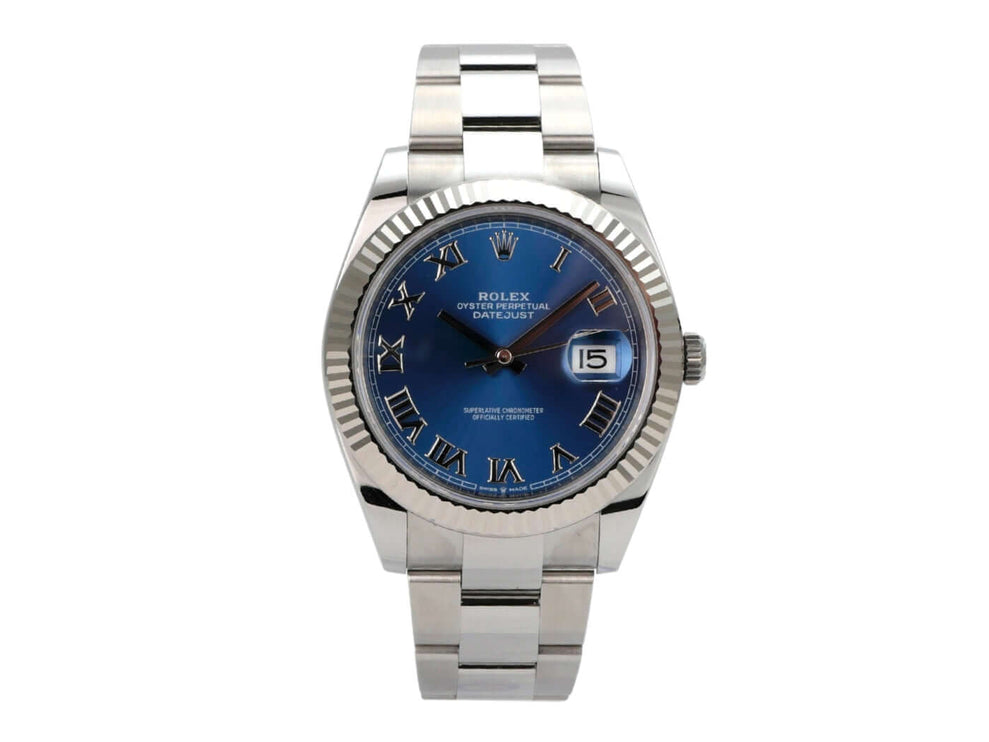 Rolex Datejust 41 Edelstahl Weißgold 126334 Blau Römisch mit blauem Zifferblatt und römischen Zahlen.