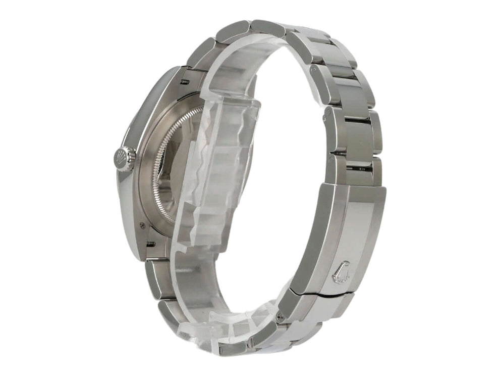 Rolex Datejust 41 Edelstahl Weißgold 126334 Blau Römisch seitliche Ansicht mit Oyster-Band und Gehäuse aus Edelstahl.