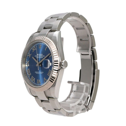 Rolex Datejust 41 Edelstahl Weißgold 126334 Blau Römisch seitliche Ansicht mit blauen Zifferblatt und Oyster-Band