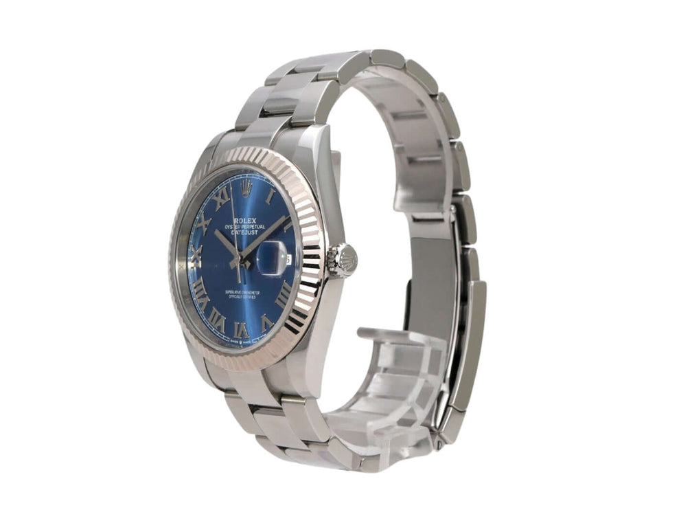 Rolex Datejust 41 Edelstahl Weißgold 126334 Blau Römisch seitliche Ansicht mit blauen Zifferblatt und Oyster-Band