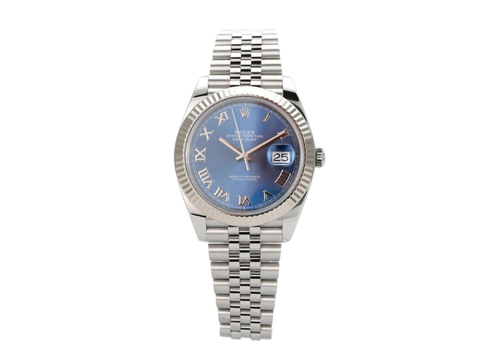 Rolex Datejust 41 aus Edelstahl und 18 kt Weißgold, blaues Zifferblatt mit römischen Ziffern, Jubile-Armband.