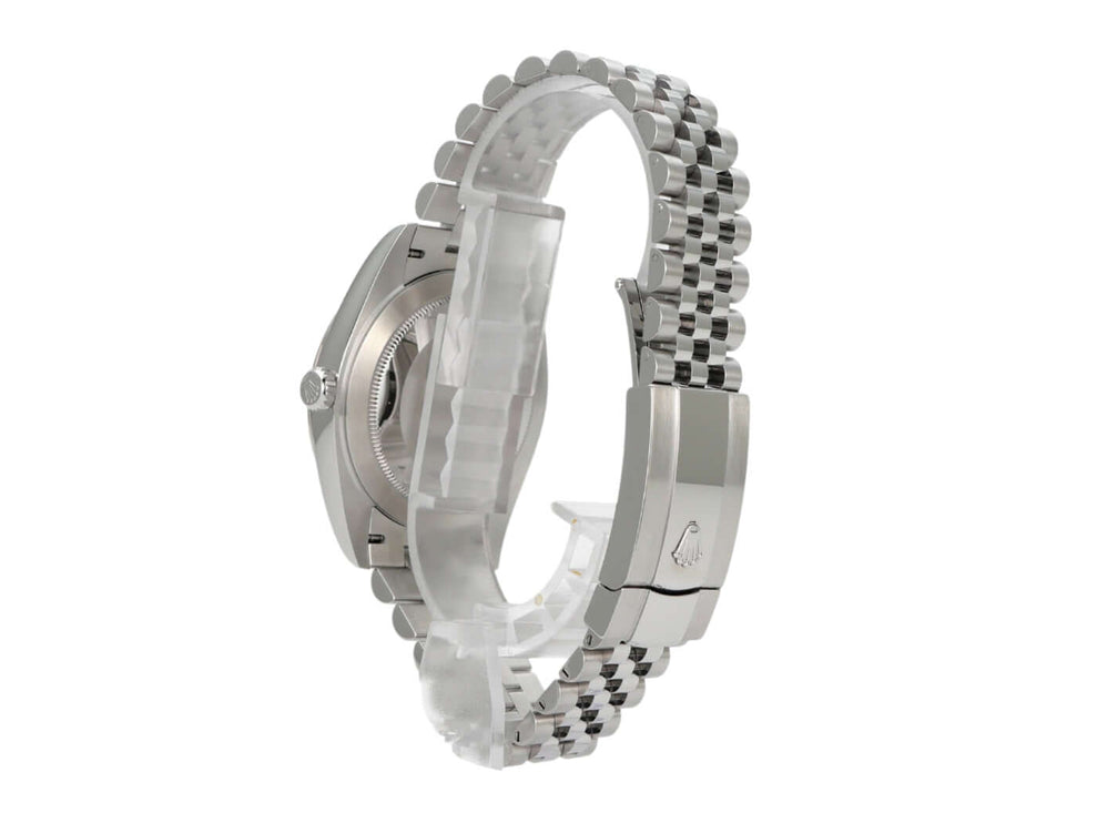 Rolex Datejust 41 mit Jubile-Armband, polierter Oystersteel-Gehäuse, detailreiche Seitenansicht.