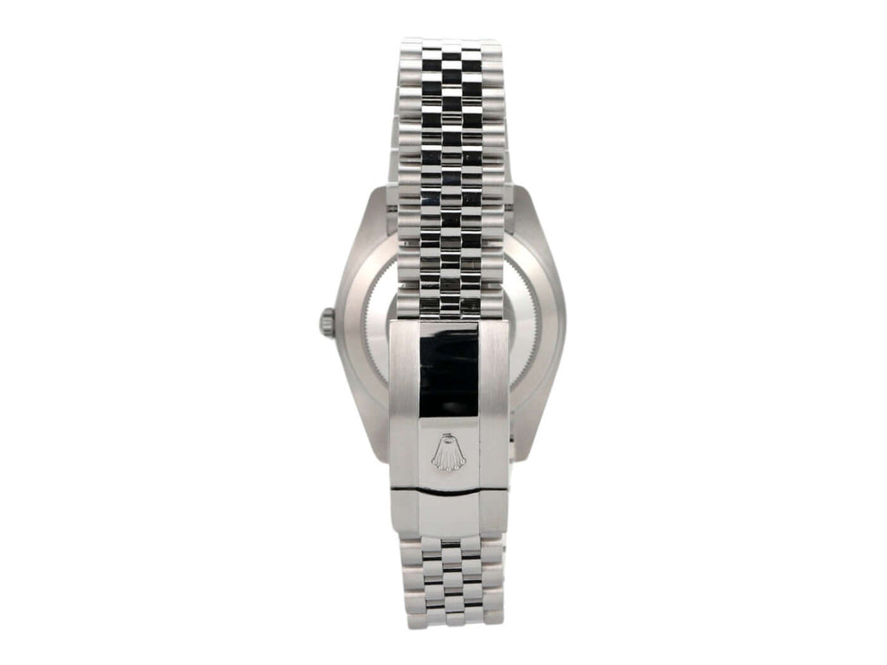 Ansicht der Rückseite der Rolex Datejust 41 mit Jubile-Armband aus poliertem Edelstahl.