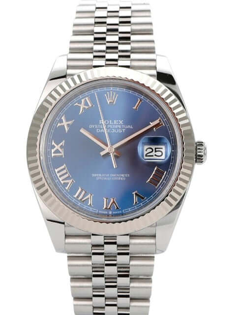 Rolex Datejust 41 in Oystersteel und Weißgold, blaues Zifferblatt, römische Ziffern, Jubile-Armband.