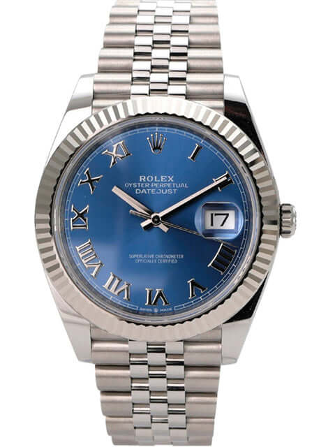 Rolex Datejust 41 Oystersteel Weißgold 126334 Blau Römisch Jubile-Band mit blauem Zifferblatt und Jubilee-Armband.