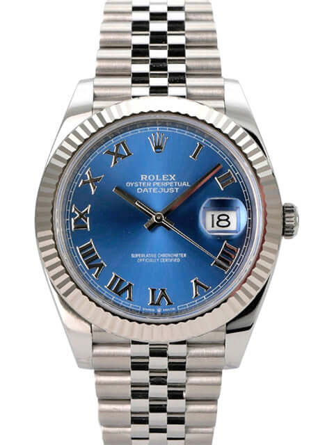 Rolex Datejust 41 Oystersteel Weißgold 126334 Blau Römisch Jubile-Band mit blauem Zifferblatt und Jubilé-Armband.