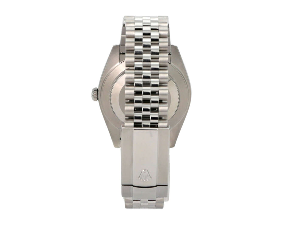 Detailansicht des Rolex Datejust 41 Oystersteel Weißgold 126334 mit Jubile-Band und Edelstahl-Gehäuse