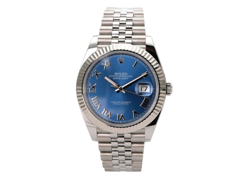 Rolex Datejust 41 Oystersteel Weißgold 126334 Blau Römisch Jubile-Band mit blauem Zifferblatt und Jubilé-Armband.