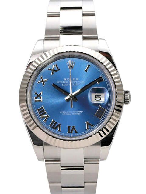 Rolex Datejust 41 Edelstahl Weißgold 126334 Blau Römisch Automatik Armbanduhr mit blauem Zifferblatt und römischen Ziffern.