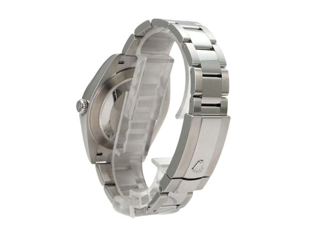 Rolex Datejust 41 Edelstahl Weißgold 126334 Blau Römisch Uhr mit Oyster Edelstahlband, seitliche Ansicht.