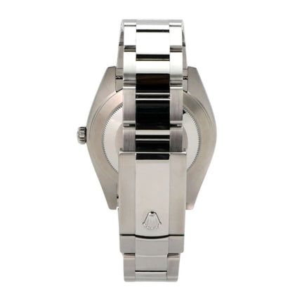 Rolex Datejust 41 Edelstahl Weißgold 126334 Blau Römisch Rückansicht mit Oyster-Band und polierten Oberflächen.