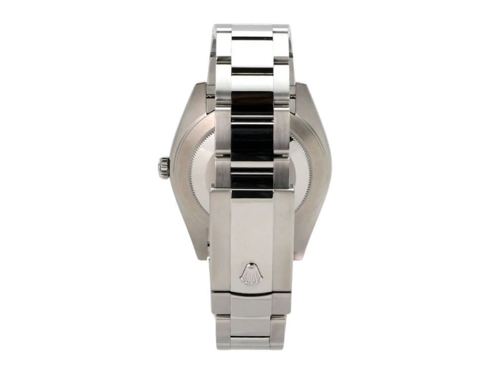 Rolex Datejust 41 Edelstahl Weißgold 126334 Blau Römisch Rückansicht mit Oyster-Band und polierten Oberflächen.