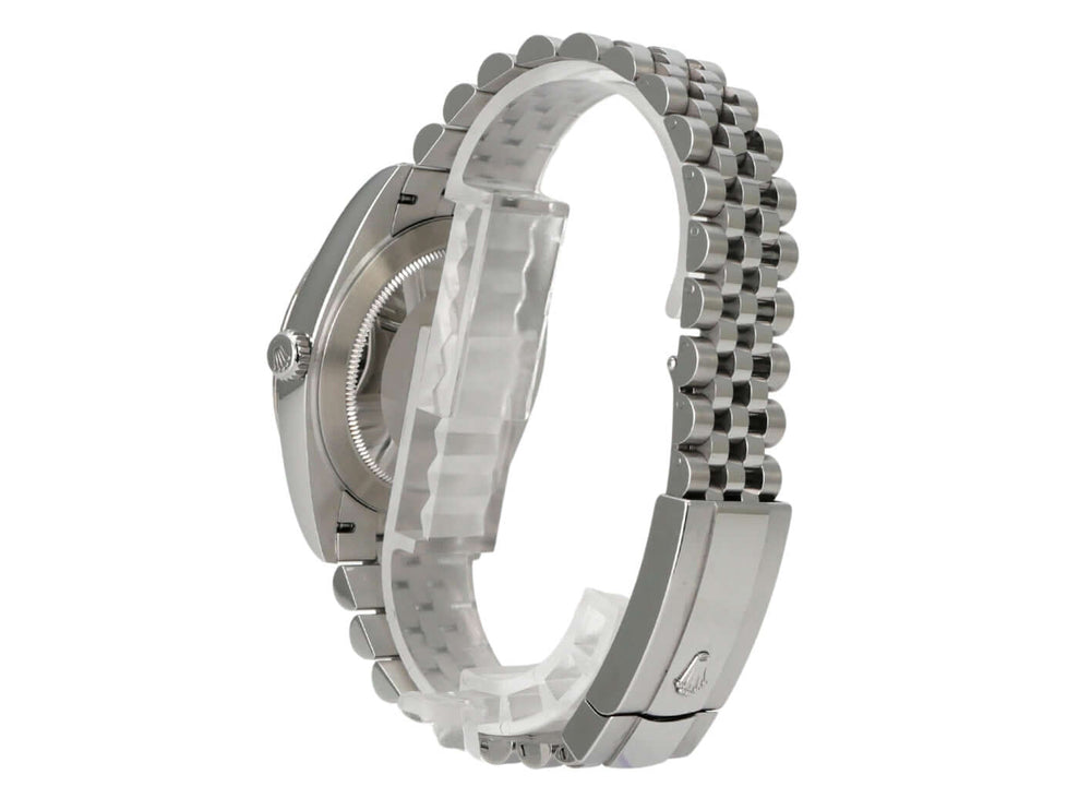 Rolex Datejust 41 Edelstahl Weißgold 126334 Blau Riffelmuster Jubile-Band seitliche Ansicht der Uhr mit Jubile-Band