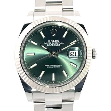 Rolex Datejust 41 Edelstahl Weißgold 126334, mintgrünes Zifferblatt, Leuchtindizes, Oyster-Armband, Datumsanzeige, poliertes Edelstahlgehäuse, Automatikuhr.