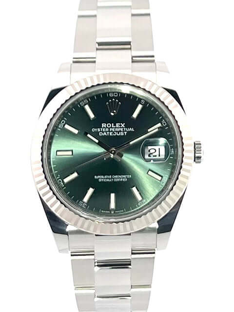 Rolex Datejust 41 Edelstahl Weißgold 126334, mintgrünes Zifferblatt, Leuchtindizes, Oyster-Armband, Datumsanzeige, poliertes Edelstahlgehäuse, Automatikuhr.