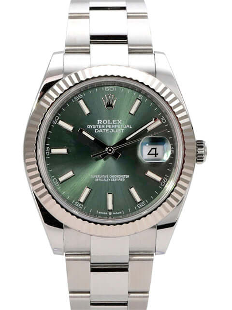 Rolex Datejust 41 Edelstahl Weißgold 126334 Mint Green mit mintgrünem Zifferblatt und 18 kt Weißgoldindizes.