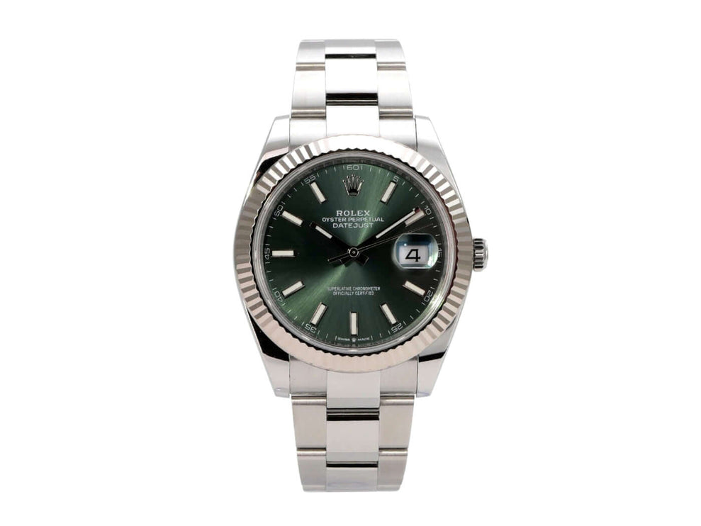 Rolex Datejust 41 Edelstahl Weißgold 126334 Mint Green mit grünem Zifferblatt und Edelstahlarmband.