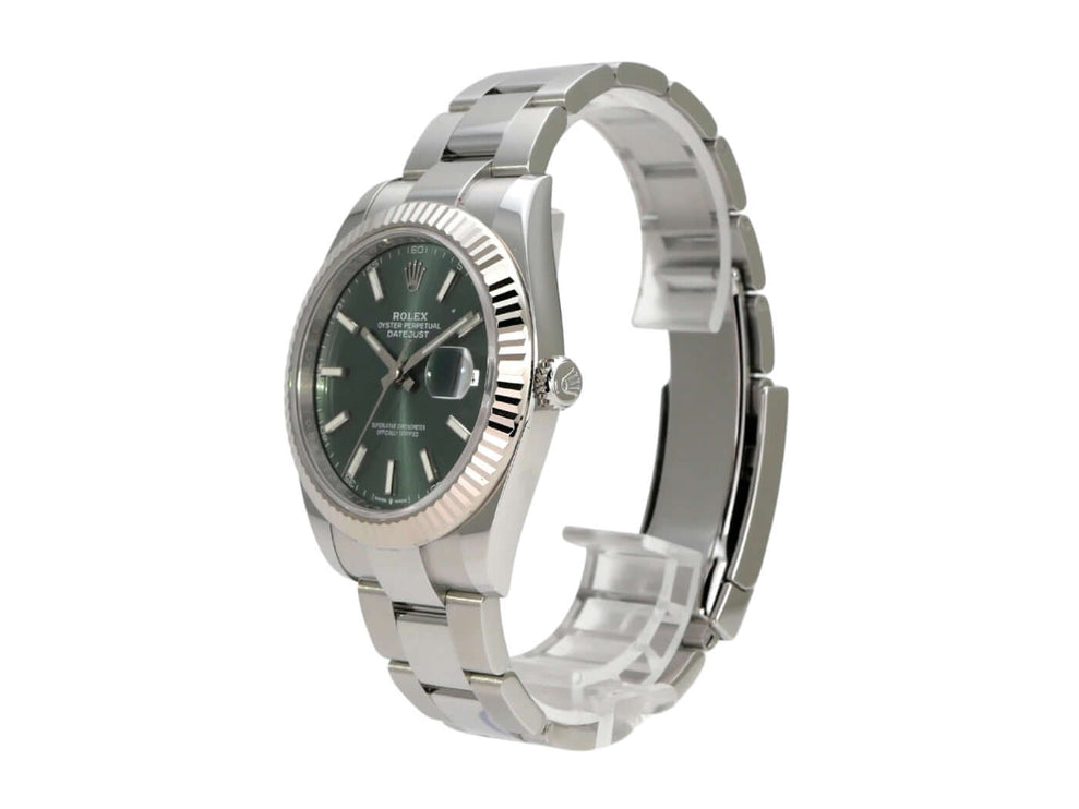 Rolex Datejust 41 Edelstahl Weißgold 126334 Mint Green mit mintgrünem Zifferblatt und Edelstahl-Armband.