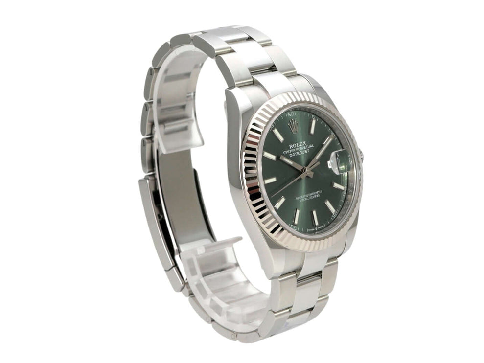 Rolex Datejust 41 Edelstahl Weißgold 126334 Mint Green Armbanduhr mit mintgrünem Zifferblatt und Edelstahlarmband.