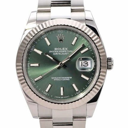Rolex Datejust 41 Edelstahl Weißgold 126334 Mint Green mit mintgrünem Zifferblatt und 18 kt Weißgold-Lünette.