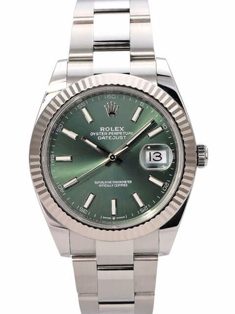 Rolex Datejust 41 Edelstahl Weißgold 126334 Mint Green mit mintgrünem Zifferblatt und 18 kt Weißgold-Lünette.