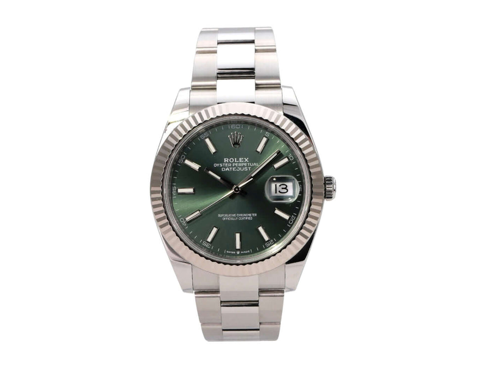 Rolex Datejust 41 Edelstahl Weißgold 126334 Mint Green mit mintgrünem Zifferblatt und 18 kt Weißgold Leuchtindizes.