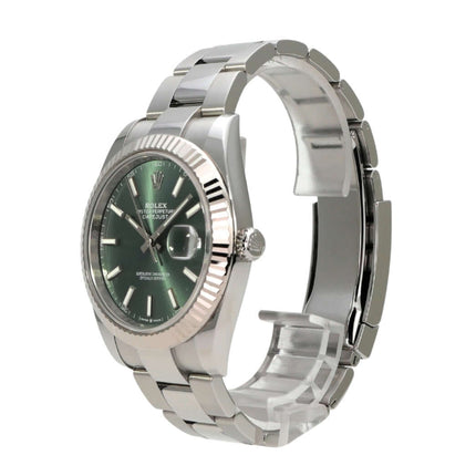 Rolex Datejust 41 Edelstahl Weißgold 126334 Mint Green mit mintgrünem Zifferblatt und 18 kt Weißgold Lünette.