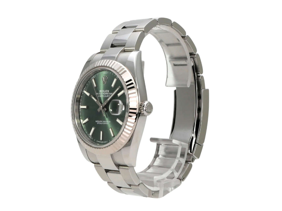 Rolex Datejust 41 Edelstahl Weißgold 126334 Mint Green mit mintgrünem Zifferblatt und 18 kt Weißgold Lünette.