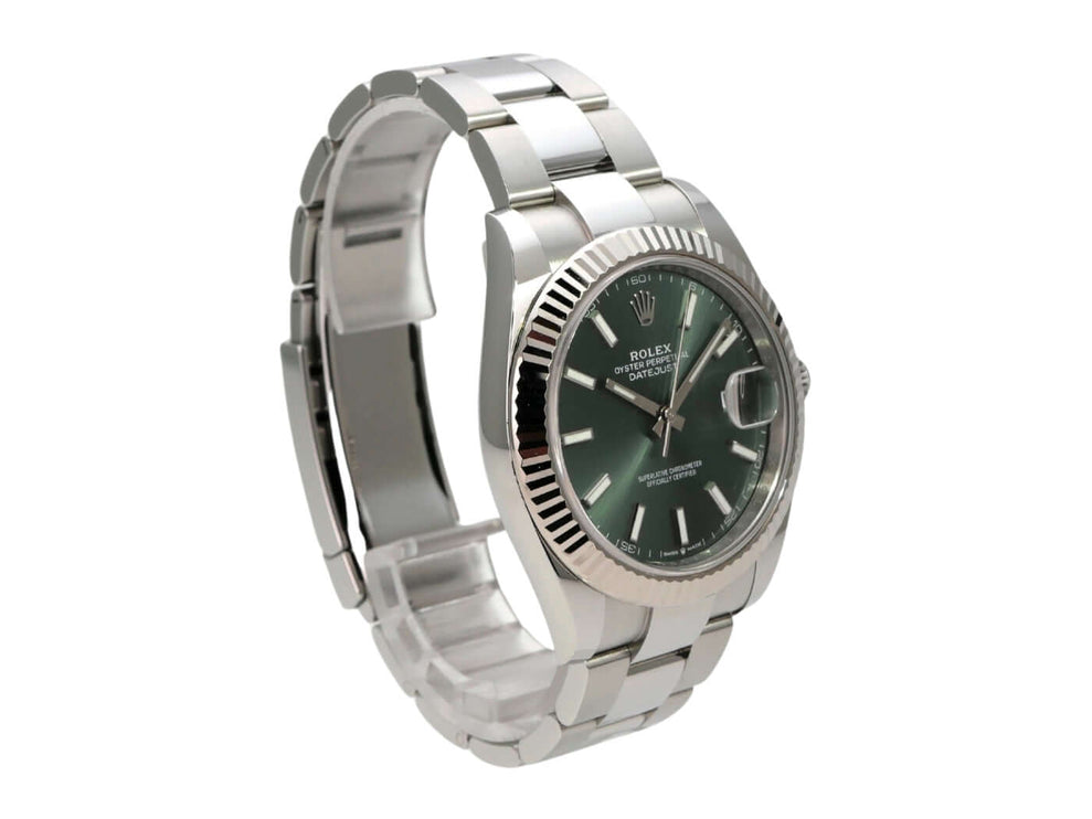 Rolex Datejust 41 Edelstahl Weißgold 126334 Mint Green mit mintgrünem Zifferblatt und Edelstahl-Armband.