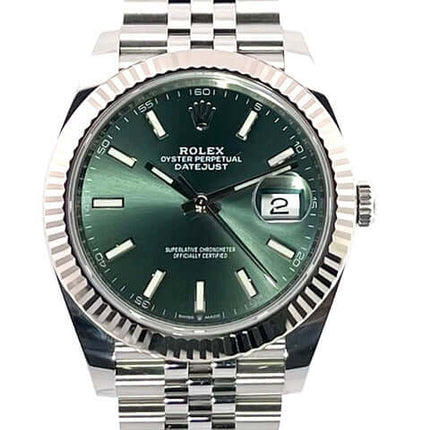 Rolex Datejust 41 Edelstahl Weißgold 126334 mit mintgrünem Zifferblatt und Jubile-Armband, 41mm, Automatikwerk, 70 Stunden Gangreserve.