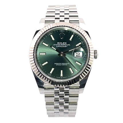 Rolex Datejust 41 Edelstahl Weißgold 126334 mit mintgrünem Zifferblatt und Jubile-Armband, poliert und satiniert, 41 mm Gehäusedurchmesser.