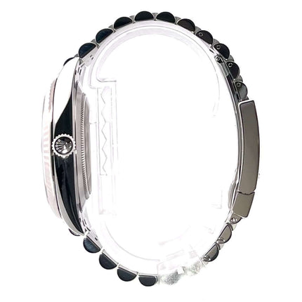 Seitenansicht Rolex Datejust 41 Edelstahl Weißgold 126334 mit Edelstahl Jubile-Band und geriffelter Weißgold Lünette