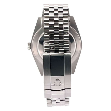 Rückseite der Rolex Datejust 41 Edelstahl Weißgold 126334 mit Jubile-Armband und Faltschließe.