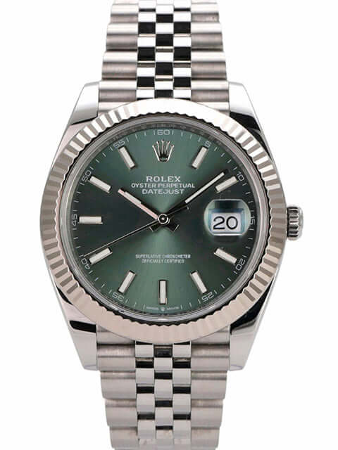 Rolex Datejust 41 Edelstahl Weißgold 126334 Mint Green Jubile-Band mit grünem Zifferblatt und Jubile-Armband.