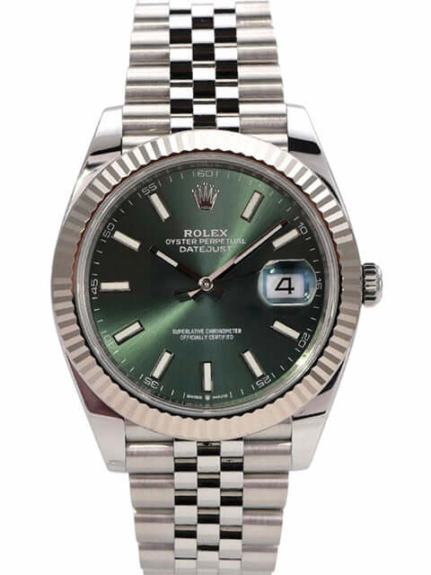 Rolex Datejust 41 Edelstahl Weißgold 126334 mit mintgrünem Zifferblatt und Jubile-Armband.