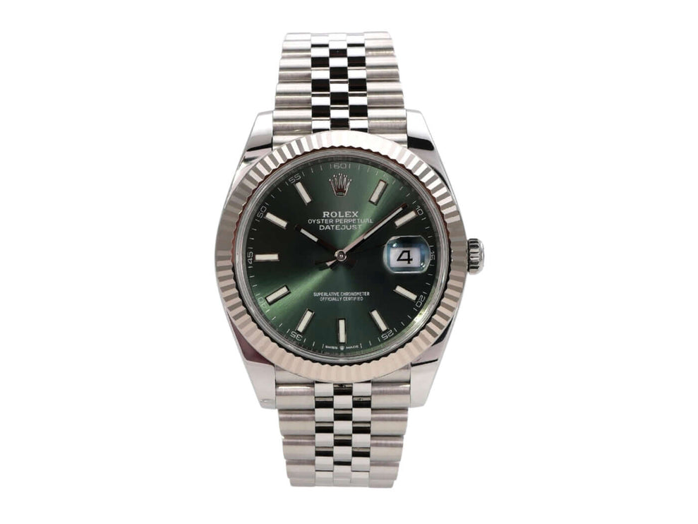 Rolex Datejust 41 Edelstahl Weißgold 126334 mit mintgrünem Zifferblatt und Jubile-Armband aus Edelstahl.