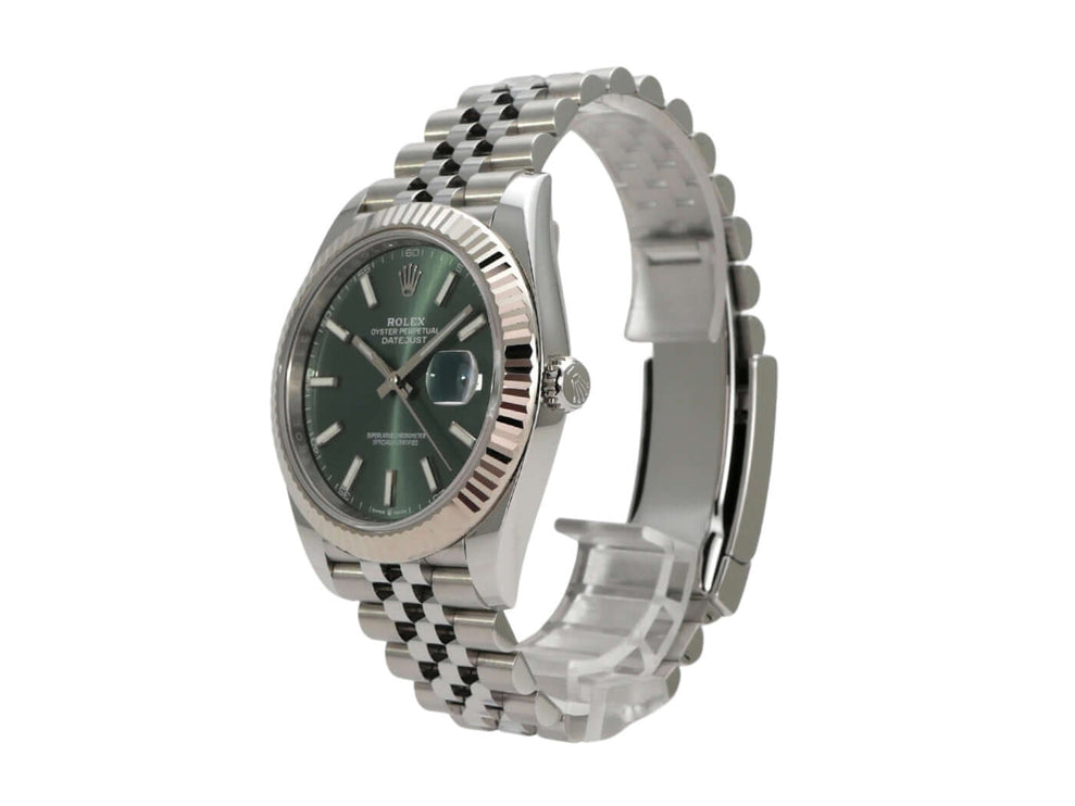 Rolex Datejust 41 Edelstahl Weißgold 126334 mit mintgrünem Zifferblatt und Jubile-Armband.