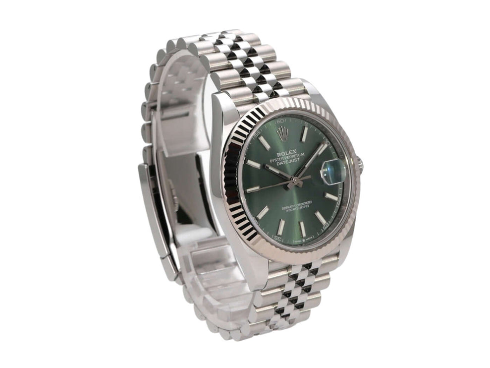 Rolex Datejust 41 Edelstahl Weißgold 126334 mit mintgrünem Zifferblatt und Jubile-Armband.