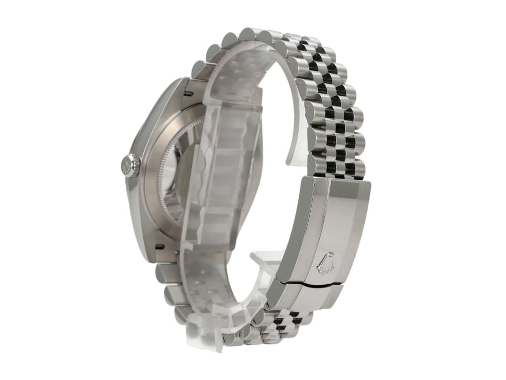 Seitenansicht der Rolex Datejust 41 Edelstahl Weißgold 126334 mit Jubile-Armband in poliertem Edelstahl.