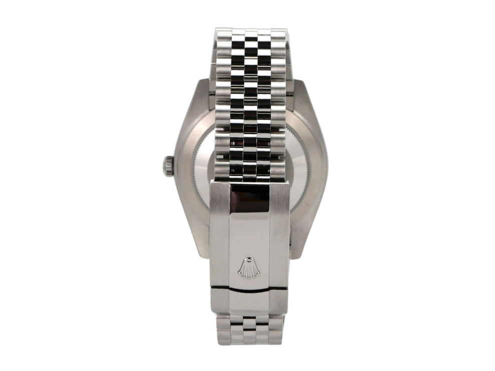 Rolex Datejust 41 Edelstahl Weißgold 126334 Rückansicht mit Jubile-Armband und charakteristischem Logo.