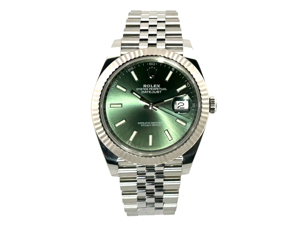 Rolex Datejust 41 Edelstahl Weißgold 126334 mit mintgrünem Zifferblatt und Jubile-Band, poliert und satiniert, 41mm Gehäuse.