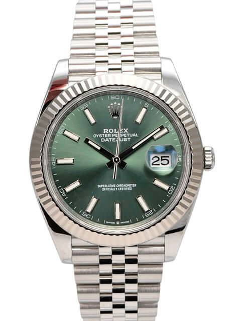Rolex Datejust 41 Edelstahl Weißgold 126334 Mint Green Jubile-Band mit grünem Zifferblatt und jubilee Armband.