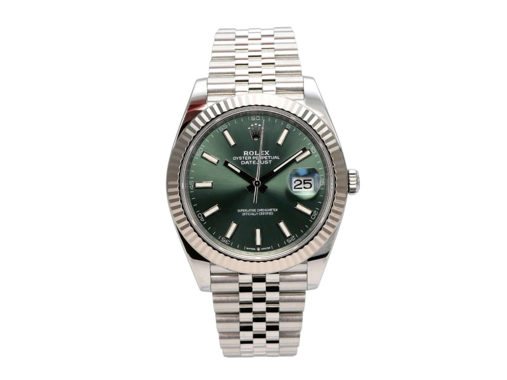 Rolex Datejust 41 Edelstahl Weißgold 126334 Mint Green Jubile-Band mit mintgrünem Zifferblatt und jubilee Armband.