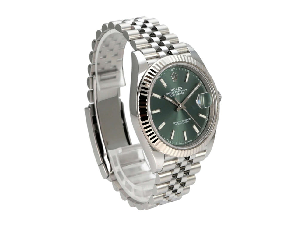 Rolex Datejust 41 Edelstahl Weißgold 126334 Mint Green Jubile-Band mit mintgrünem Zifferblatt und Jubile-Armband.