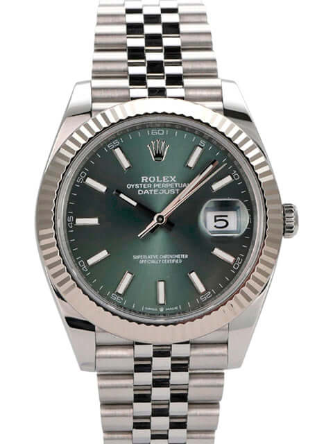 Rolex Datejust 41 Edelstahl Weißgold 126334 Mint Green Jubile-Band mit mintgrünem Zifferblatt und Jubilé-Armband.